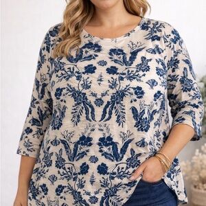 Calypso St. Barth Blue Floral Long Sleeve Top 100% Linen